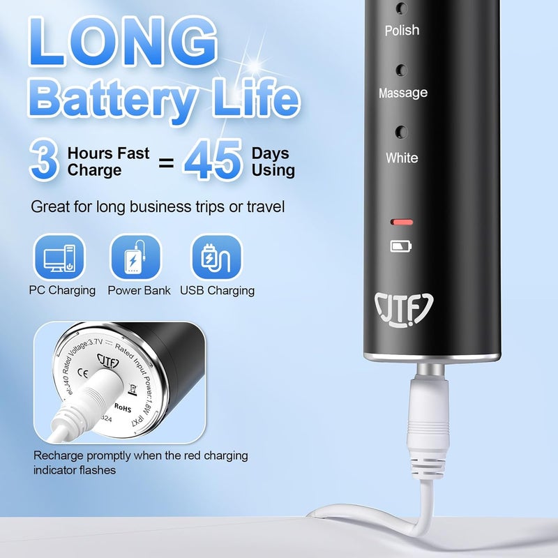JTF Sonic Electric Toothbrush for Adults: 6 Brush Heads, Travel Bag, Tongue Scraper, 5 Brushing Modes for Teeth, Smart Timer and IPX7 Waterproof, Rechargeable Toothbrush for Deep Cleaning & Whitening - Image 4